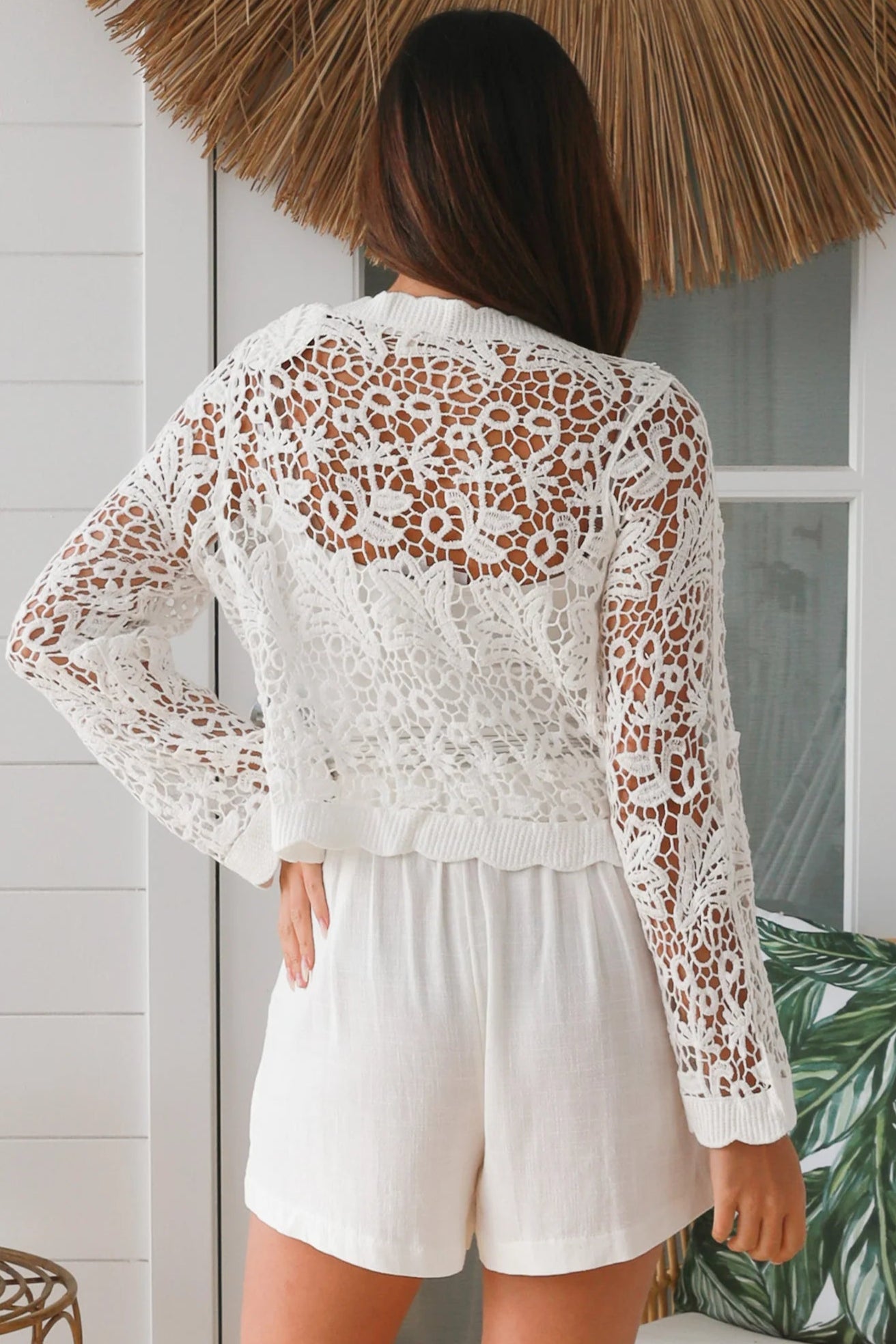 Lucia Crochet Cotton Jacket - white floral crochet with v-neck, button-through front, scalloped edges and flared sleeves - boho style.
