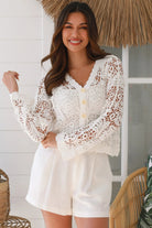 Lucia Crochet Cotton Jacket - white floral crochet with v-neck, button-through front, scalloped edges and flared sleeves - boho style.