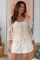 Cream crochet boho top with dramatic bell sleeves - 100% cotton one size fits 8-14 - bohemian fashion Australia