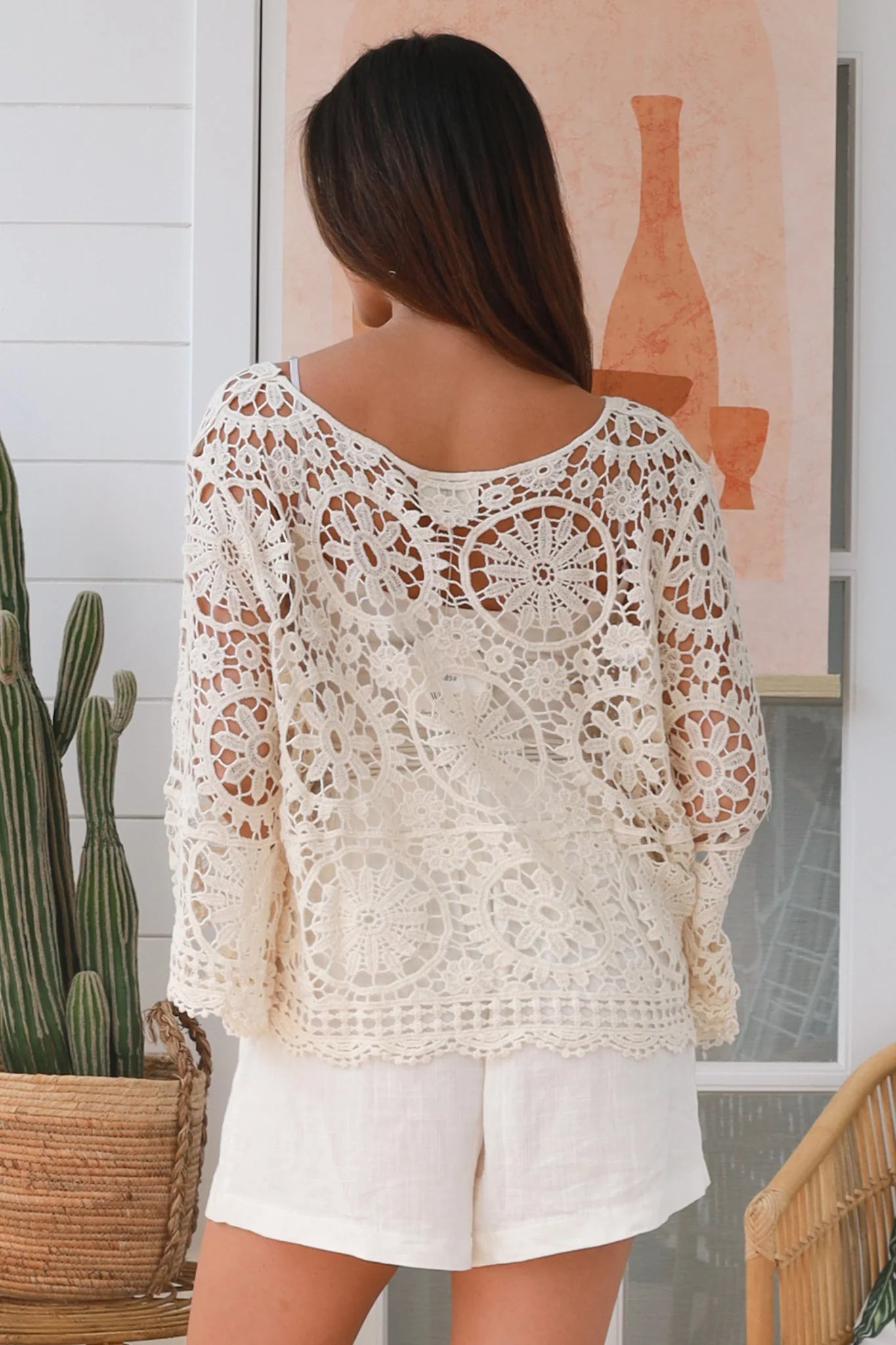 Cream crochet boho top with dramatic bell sleeves - 100% cotton one size fits 8-14 - bohemian fashion Australia