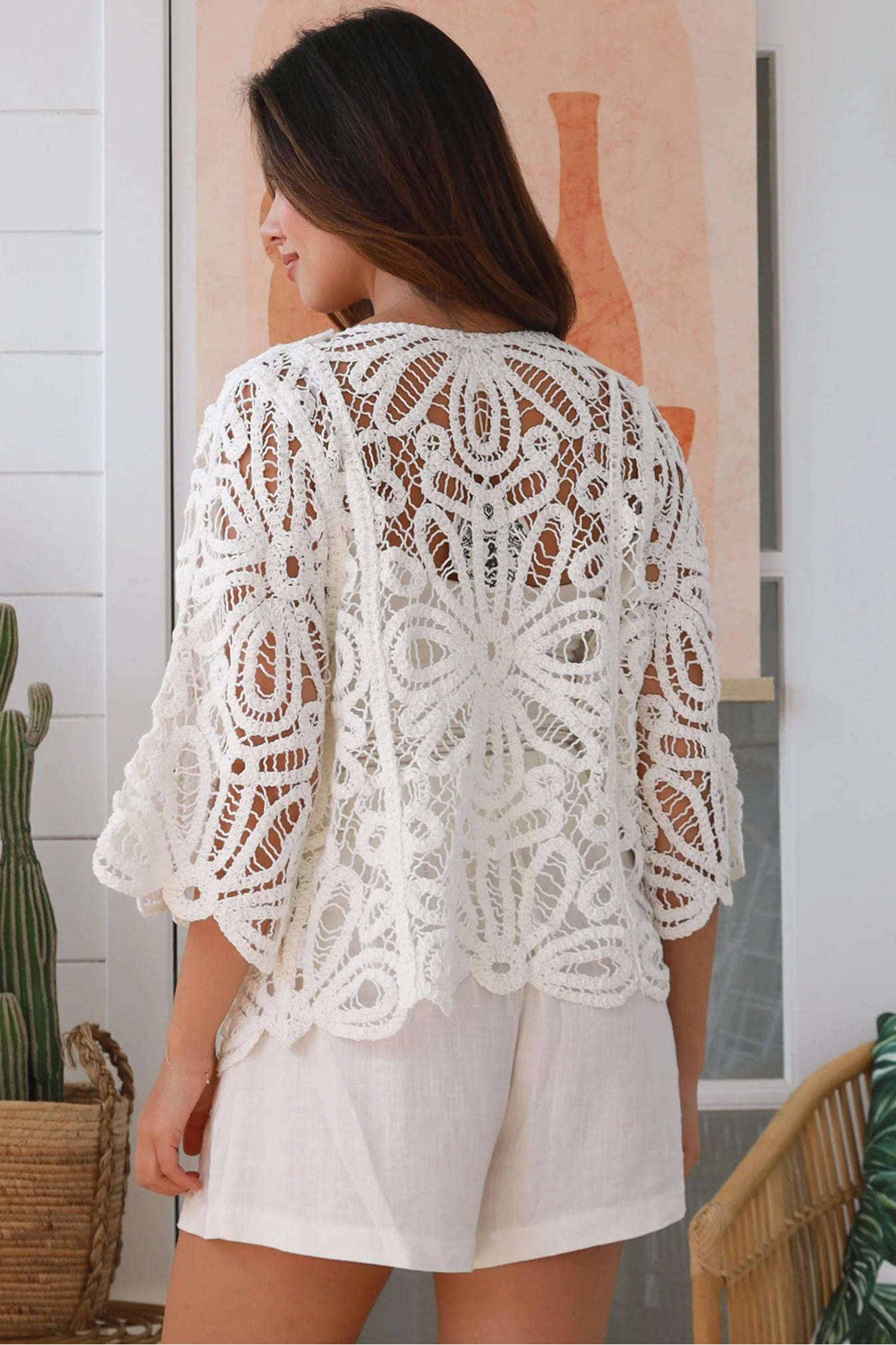 Lucille crochet cotton jacket with wide three-quarter sleeves and tie front - boho cardigan layering in 100% cotton