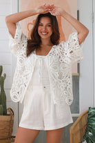 Lucille crochet cotton jacket with wide three-quarter sleeves and tie front - boho cardigan layering in 100% cotton