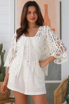 Lucille crochet cotton jacket with wide three-quarter sleeves and tie front - boho cardigan layering in 100% cotton
