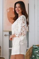 Lucille crochet cotton jacket with wide three-quarter sleeves and tie front - boho cardigan layering in 100% cotton