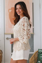 Lucille cream cotton crochet jacket with tie front and wide sleeves - boho cardigan layering Australia