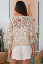 Lucille cream cotton crochet jacket with tie front and wide sleeves - boho cardigan layering Australia