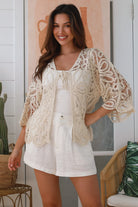 Lucille cream cotton crochet jacket with tie front and wide sleeves - boho cardigan layering Australia