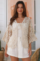 Lucille cream cotton crochet jacket with tie front and wide sleeves - boho cardigan layering Australia