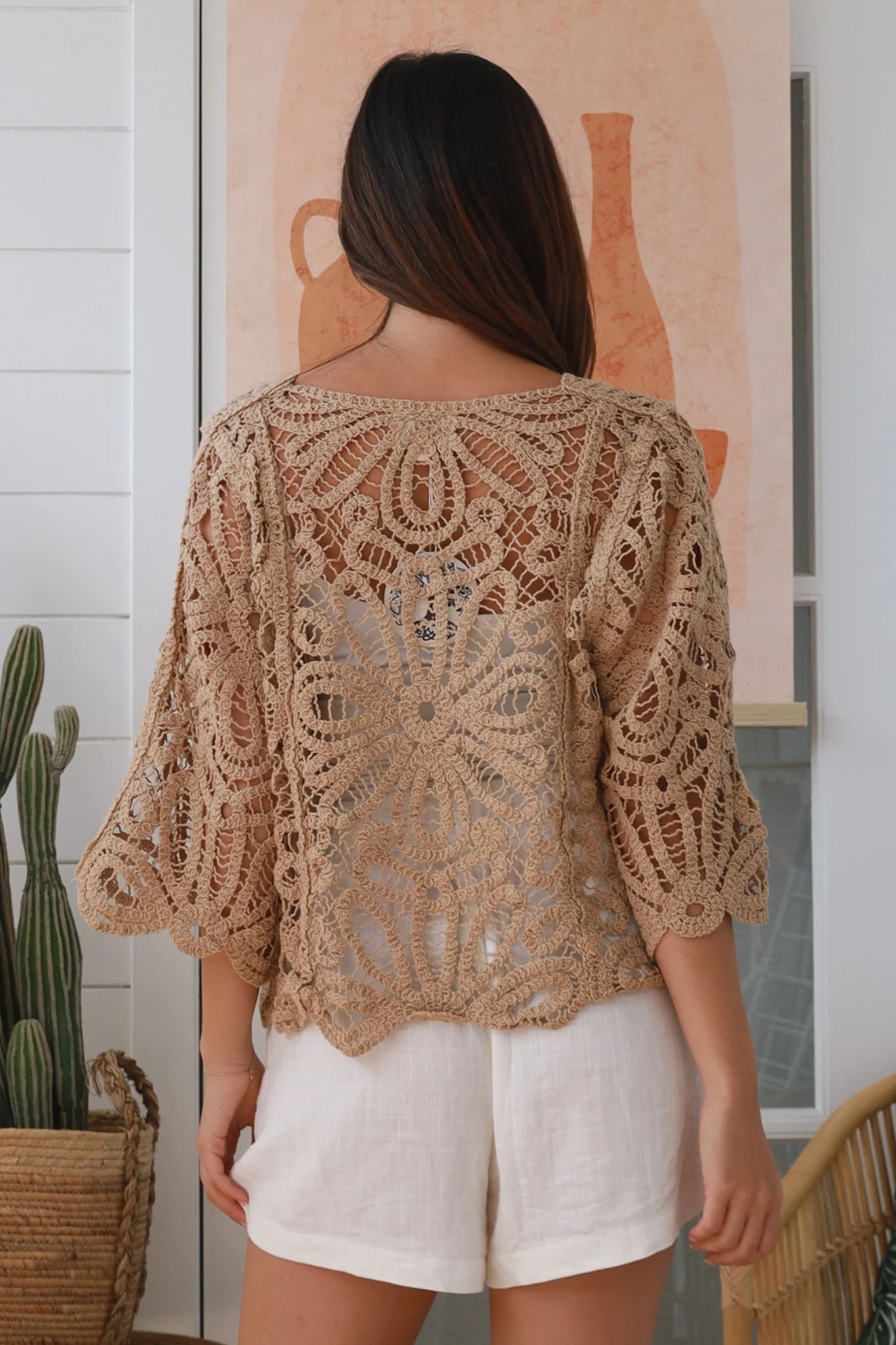 Woman wearing mocha cotton crochet tie-front jacket - boho crochet cardigan Australia