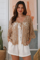Woman wearing mocha cotton crochet tie-front jacket - boho crochet cardigan Australia