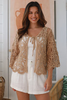 Woman wearing mocha cotton crochet tie-front jacket - boho crochet cardigan Australia