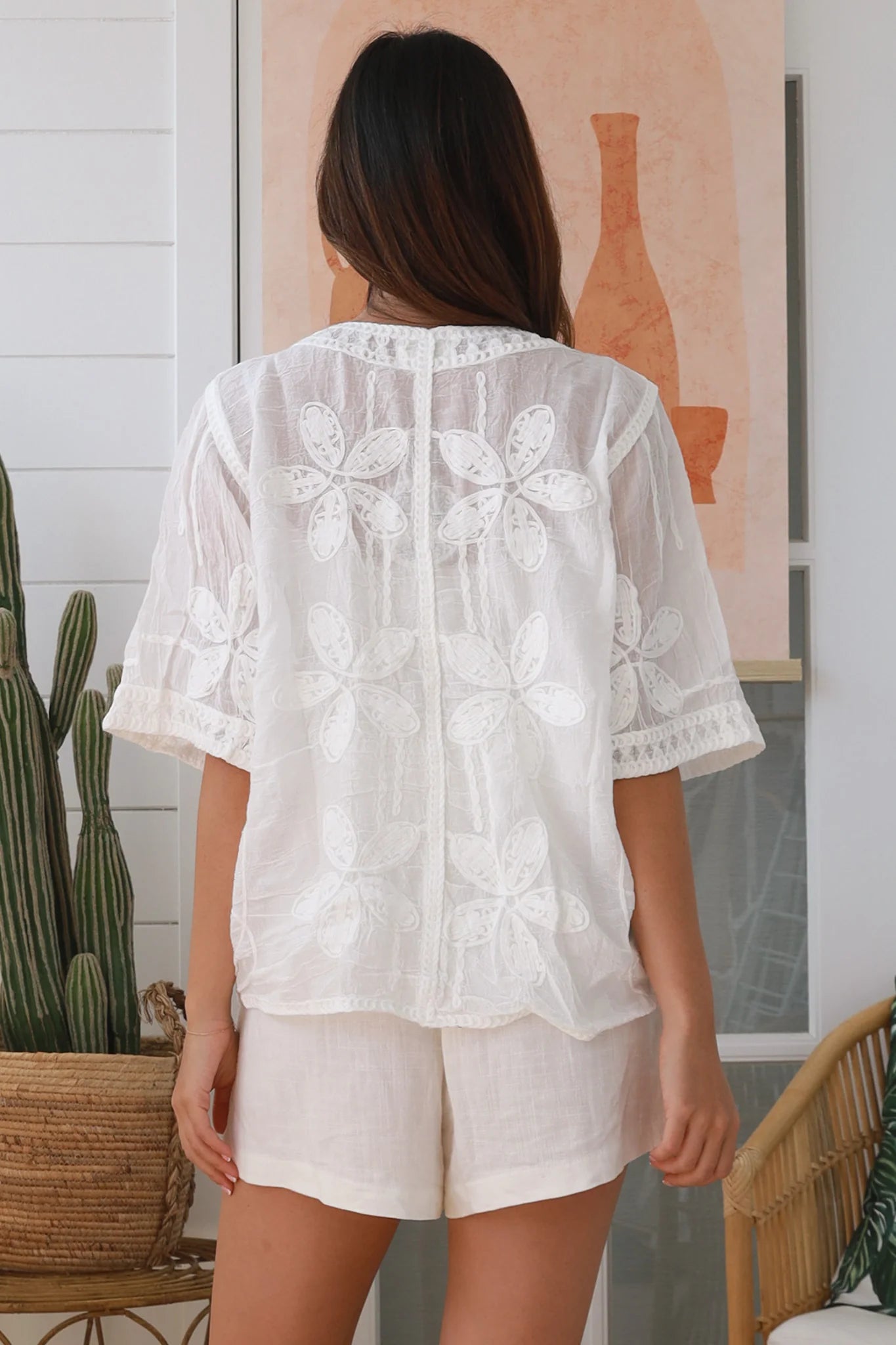 Zoe embroidered white cotton top with crochet trim and button front - refined boho chic blouse Australia