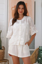 Zoe embroidered white cotton top with crochet trim and button front - refined boho chic blouse Australia