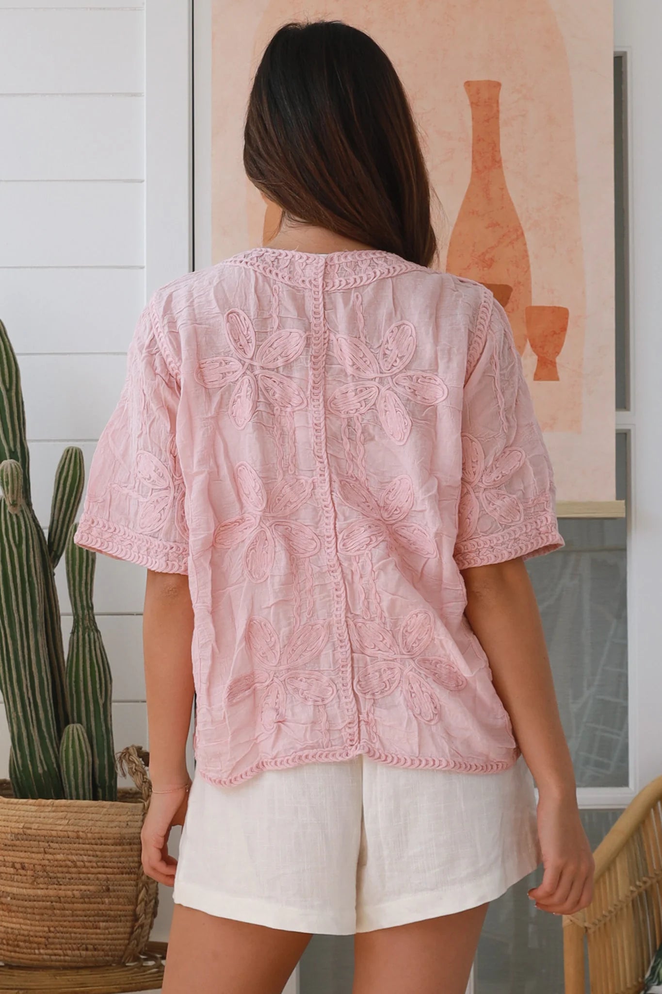 Zoe embroidered pink cotton top with crochet trim and button front - boho chic blouse Australia