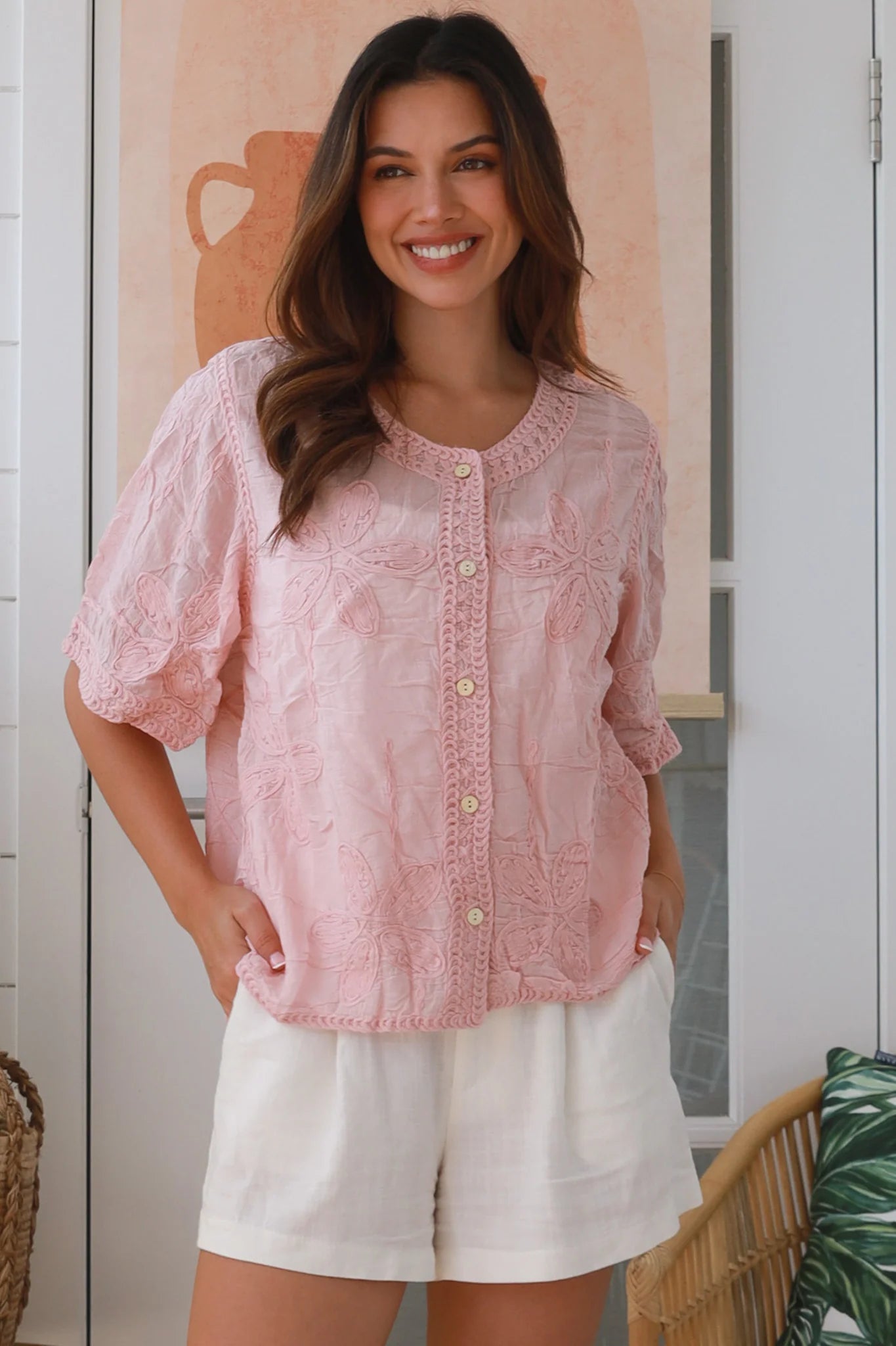 Zoe embroidered pink cotton top with crochet trim and button front - boho chic blouse Australia