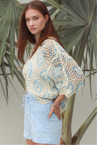 Cotton crochet cardigan with blue diamond detailing dropped shoulders V neck button front Australia Boho Fashion