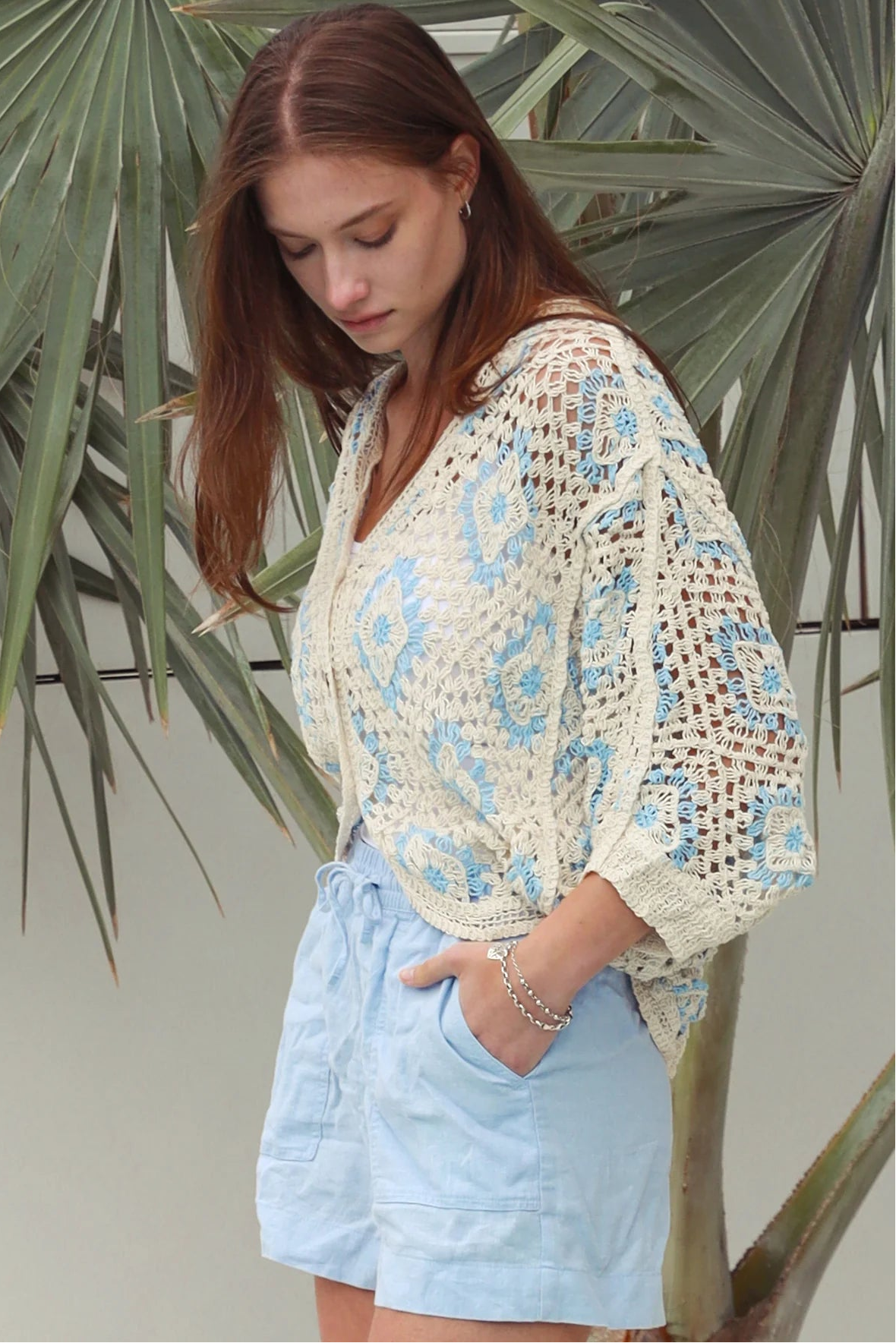 Cotton crochet cardigan with blue diamond detailing dropped shoulders V neck button front Australia Boho Fashion