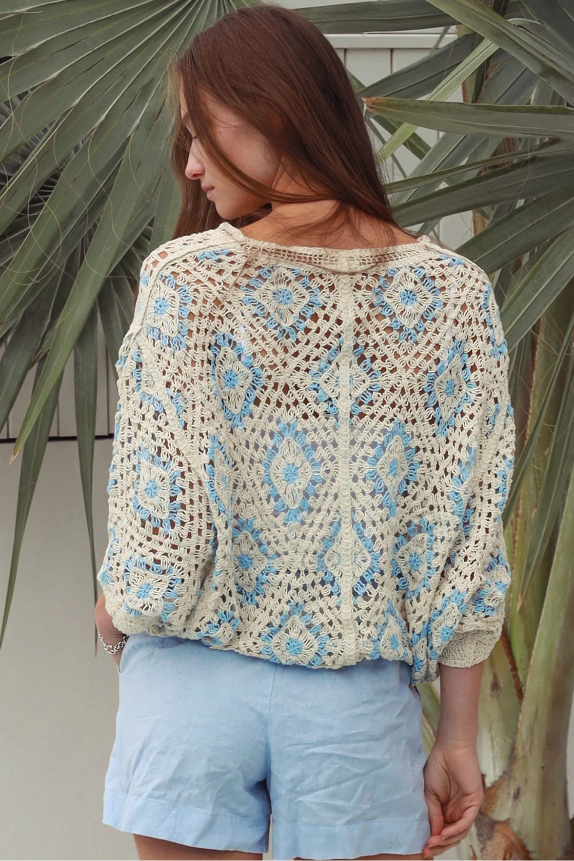 Cotton crochet cardigan with blue diamond detailing dropped shoulders V neck button front Australia Boho Fashion