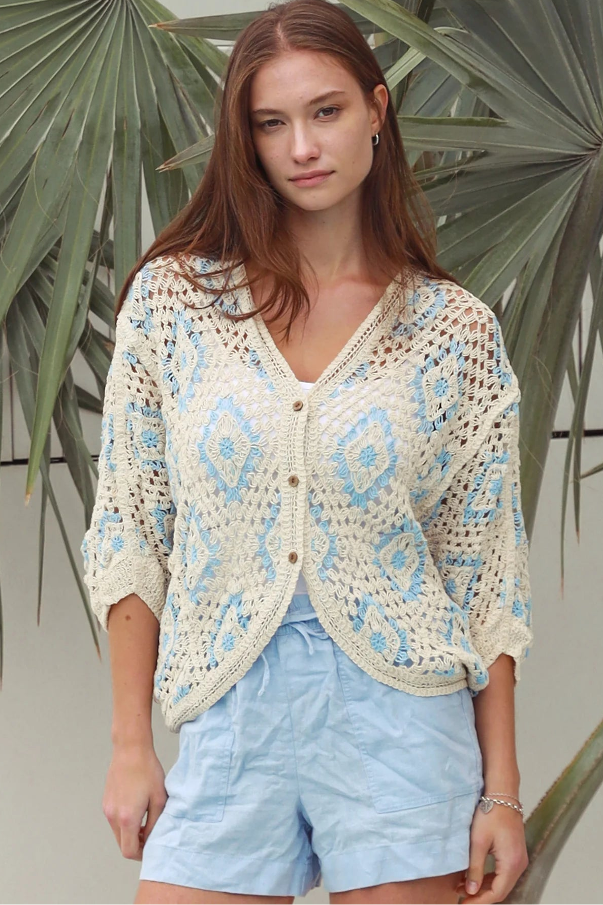 Cotton crochet cardigan with blue diamond detailing dropped shoulders V neck button front Australia Boho Fashion
