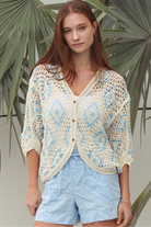 Cotton crochet cardigan with blue diamond detailing dropped shoulders V neck button front Australia Boho Fashion