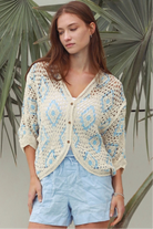 Cotton crochet cardigan with blue diamond detailing dropped shoulders V neck button front Australia Boho Fashion