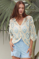 Cotton crochet cardigan with blue diamond detailing dropped shoulders V neck button front Australia Boho Fashion