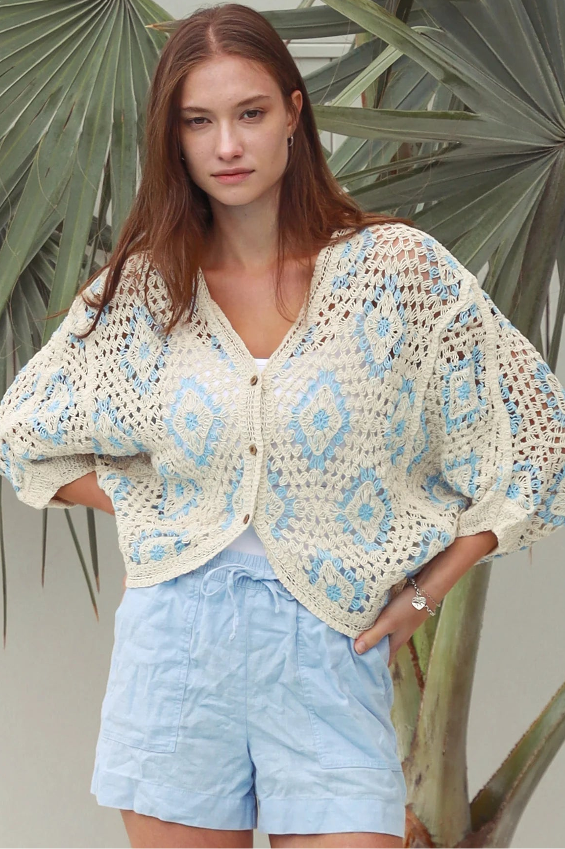 Cotton crochet cardigan with blue diamond detailing dropped shoulders V neck button front Australia Boho Fashion