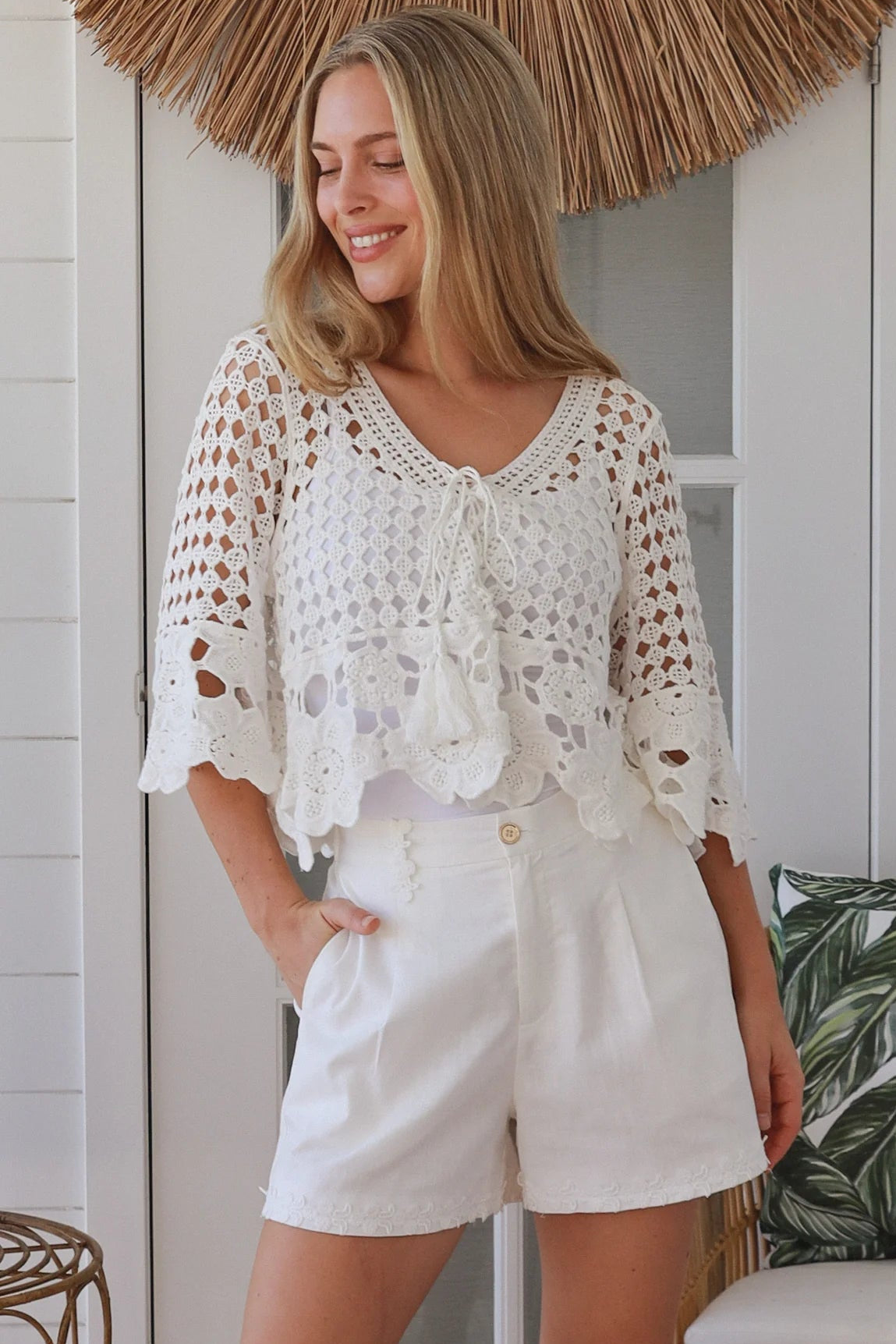 White cotton crochet boho top with tassel ties and three quarter bell sleeves lightweight textured blouse Australia