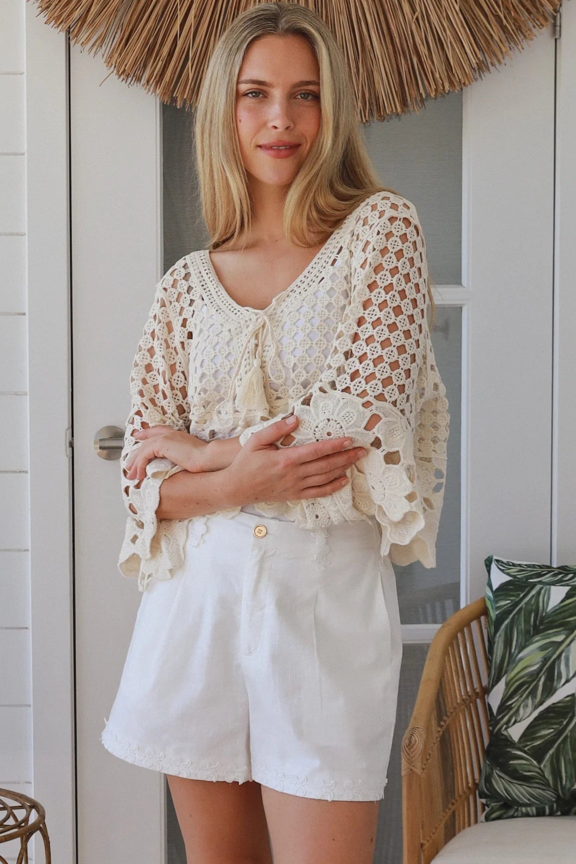 Cream cotton crochet boho top with tassel ties and three quarter bell sleeves lightweight textured blouse Australia
