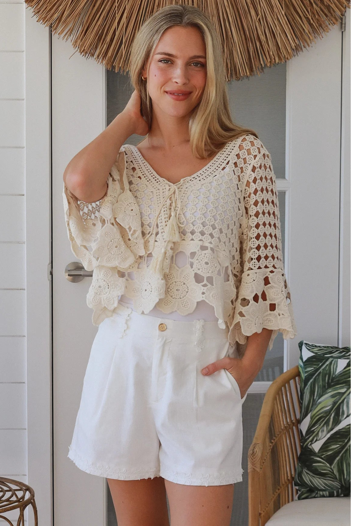 Cream cotton crochet boho top with tassel ties and three quarter bell sleeves lightweight textured blouse Australia