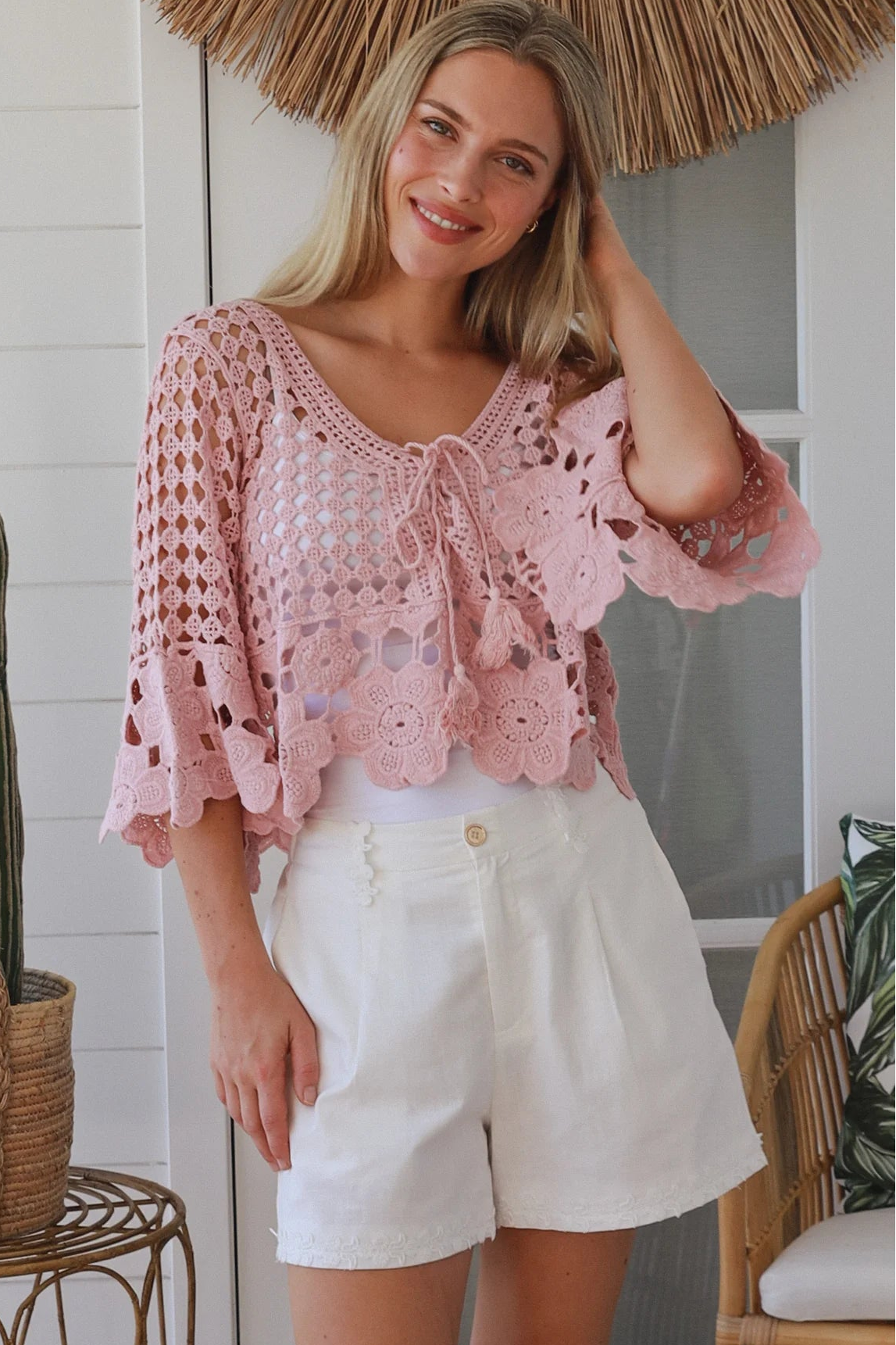 Blush pink cotton crochet boho top with tassel tie neckline and bell sleeves. Breathable 100% cotton by Willow the Label.