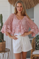 Blush pink cotton crochet boho top with tassel tie neckline and bell sleeves. Breathable 100% cotton by Willow the Label.