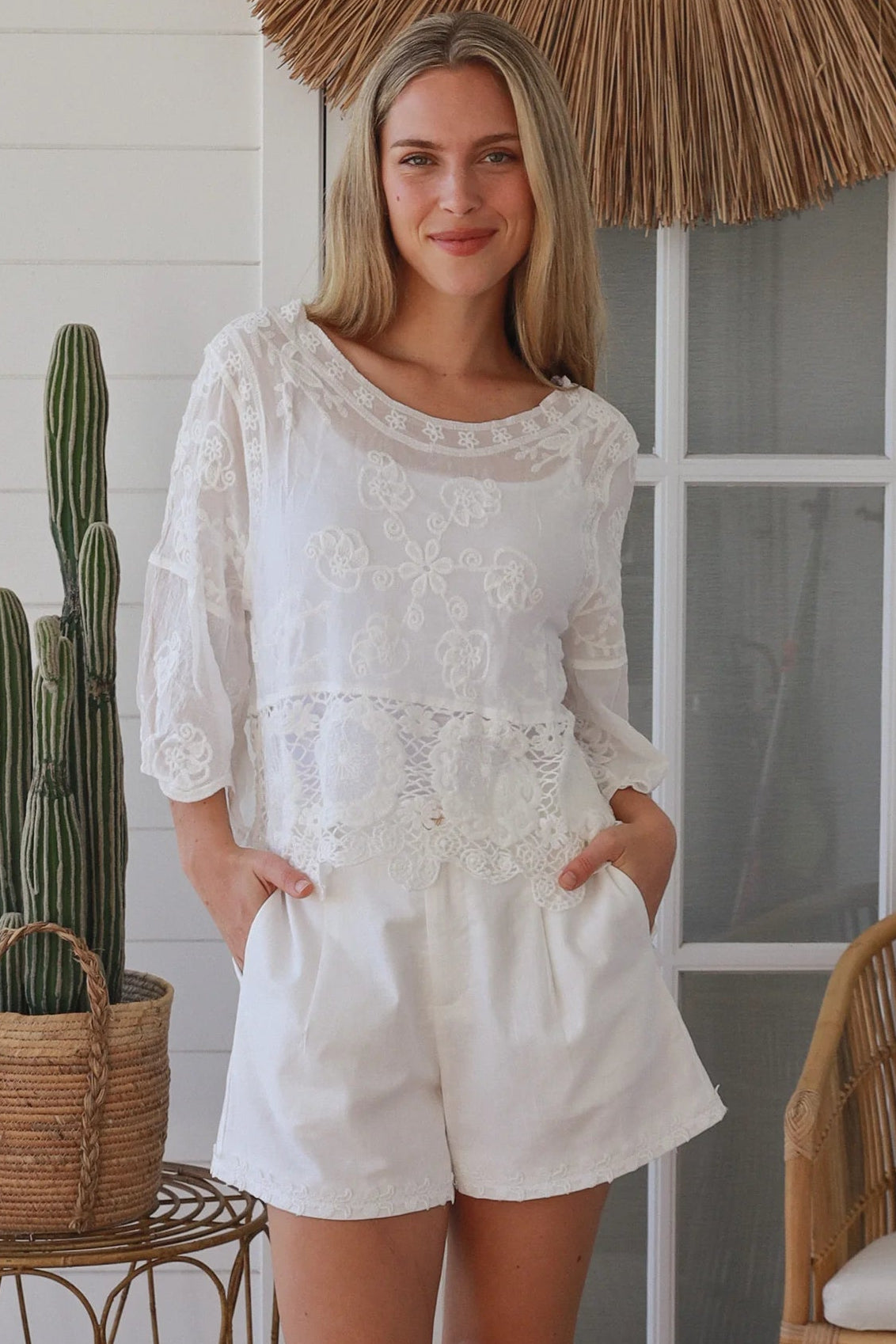 white embroidered cotton and crochet boho top with scalloped sleeves breathable cotton blouse australia