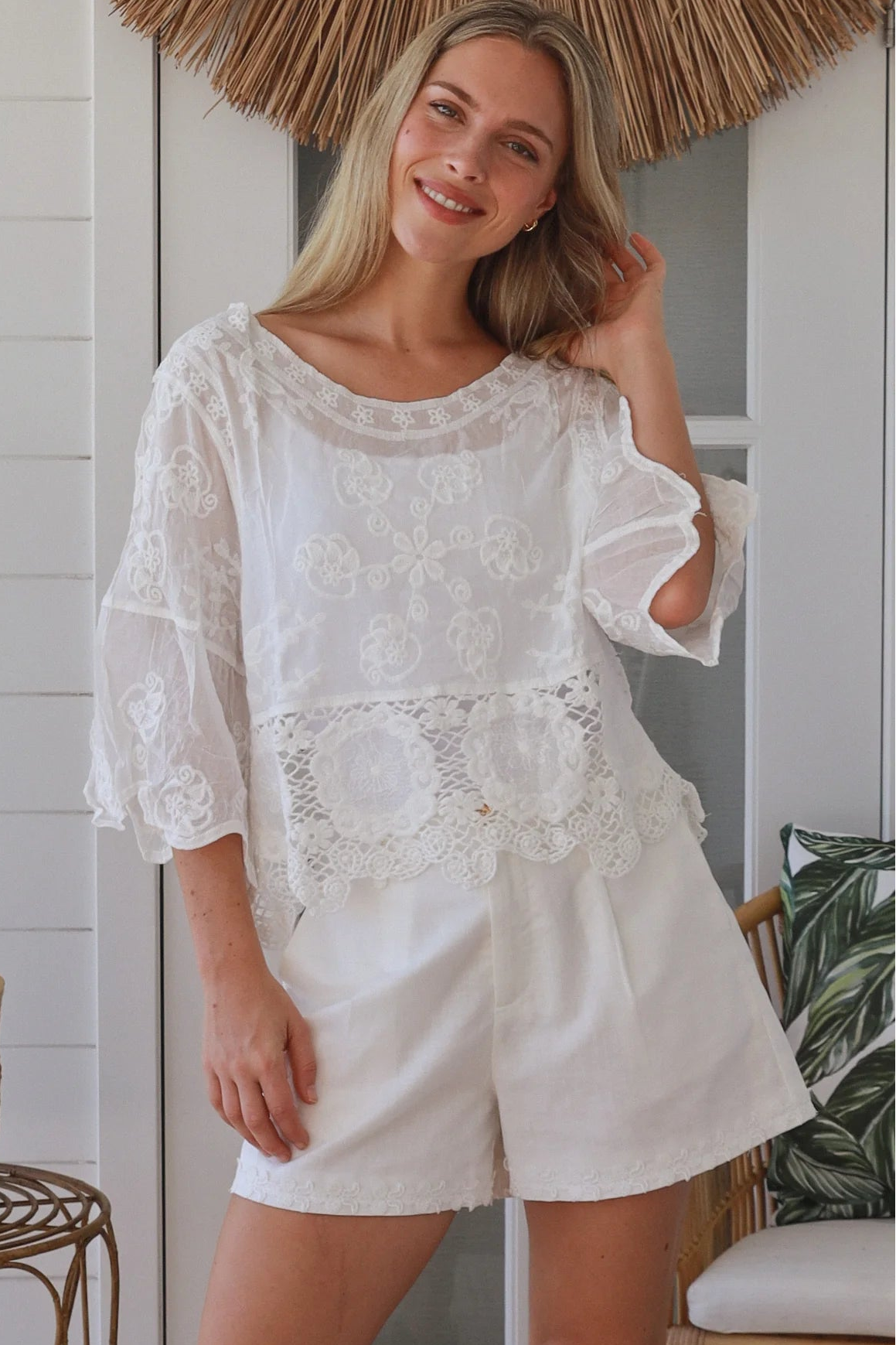 white embroidered cotton and crochet boho top with scalloped sleeves breathable cotton blouse australia