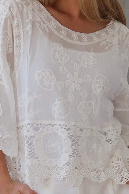 white embroidered cotton and crochet boho top with scalloped sleeves breathable cotton blouse australia