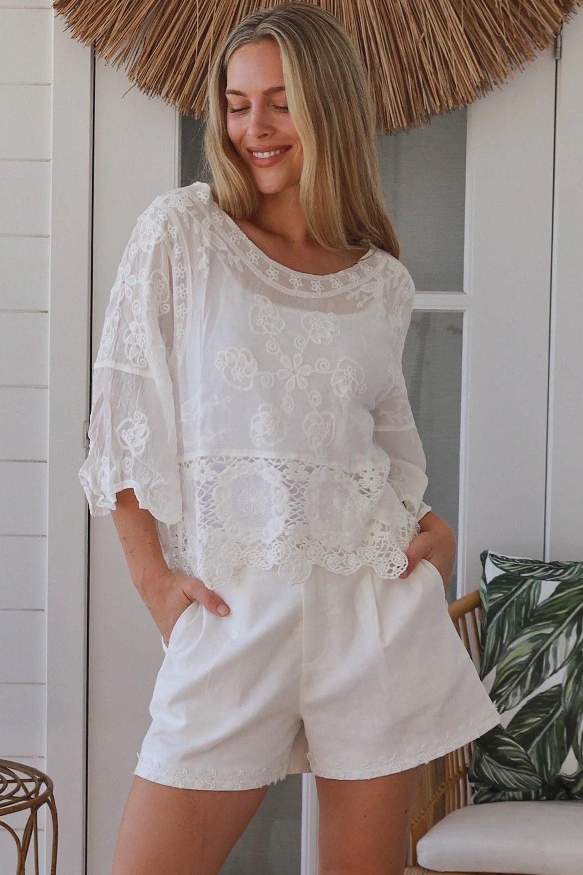 white embroidered cotton and crochet boho top with scalloped sleeves breathable cotton blouse australia