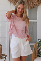 pink embroidered cotton and crochet boho top with scalloped sleeves breathable cotton blouse australia