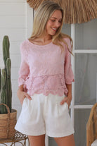 pink embroidered cotton and crochet boho top with scalloped sleeves breathable cotton blouse australia