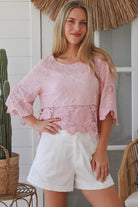 pink embroidered cotton and crochet boho top with scalloped sleeves breathable cotton blouse australia