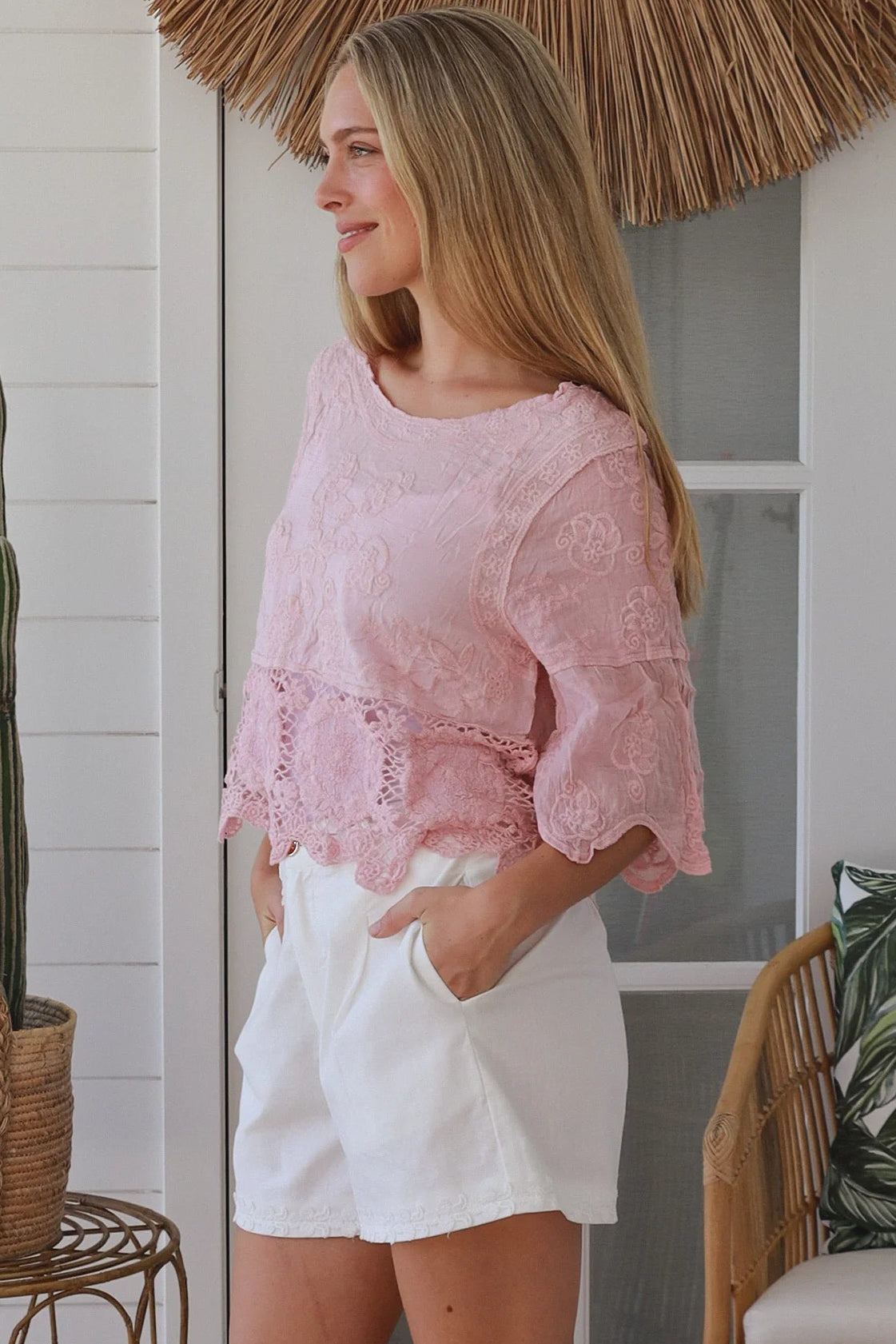 pink embroidered cotton and crochet boho top with scalloped sleeves breathable cotton blouse australia