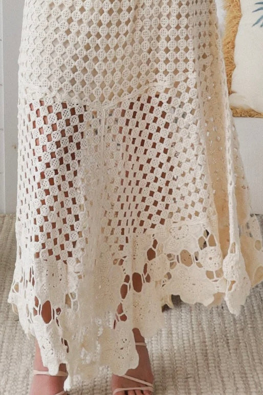 Ivory crochet embroidered boho set by Charlotte the Label with lined high low skirt and tassel tie top Australia