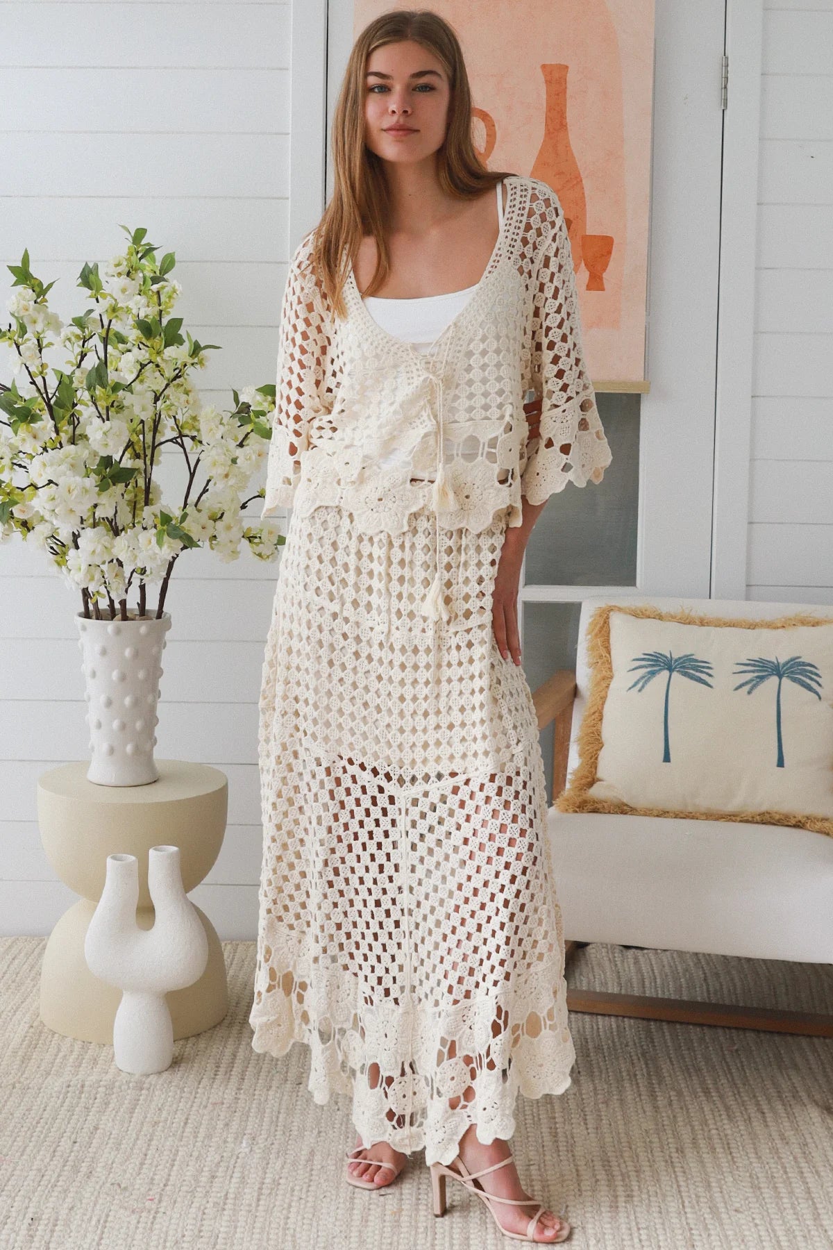 Ivory crochet embroidered boho set by Charlotte the Label with lined high low skirt and tassel tie top Australia