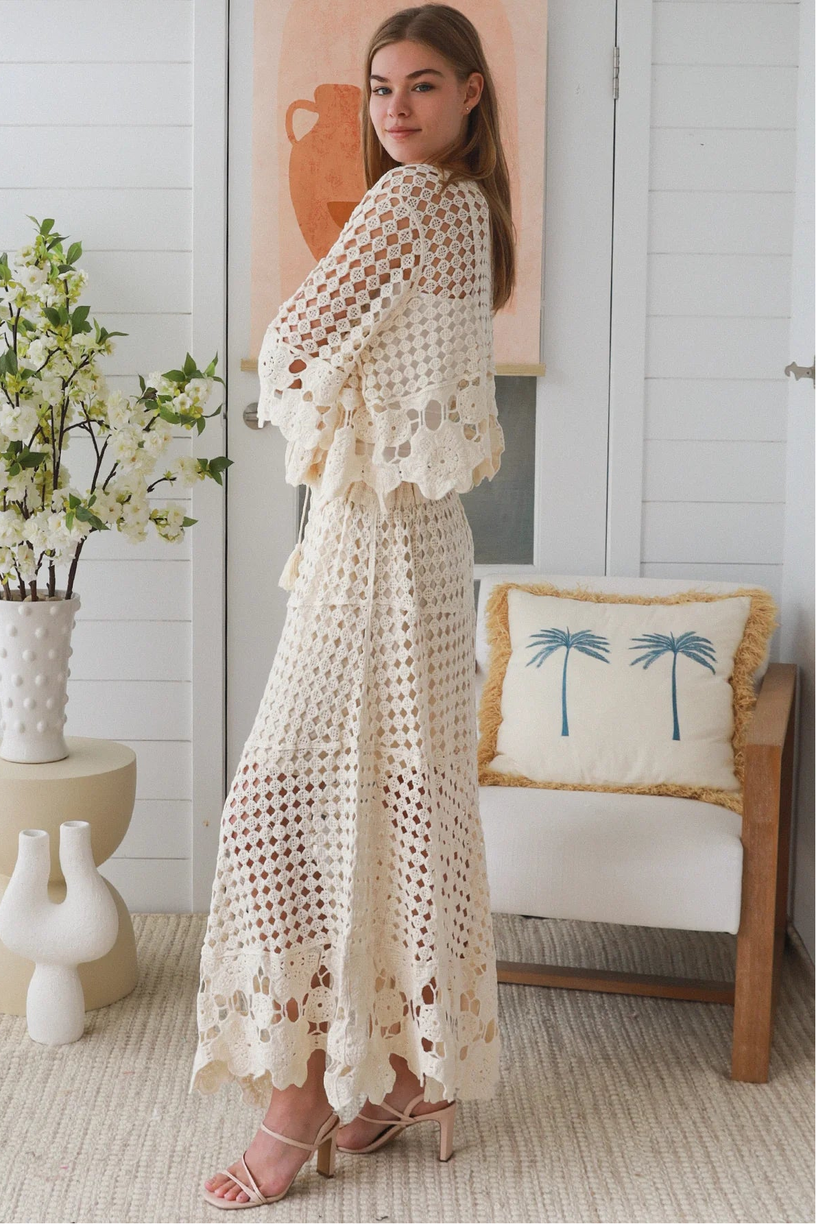 Ivory crochet embroidered boho set by Charlotte the Label with lined high low skirt and tassel tie top Australia