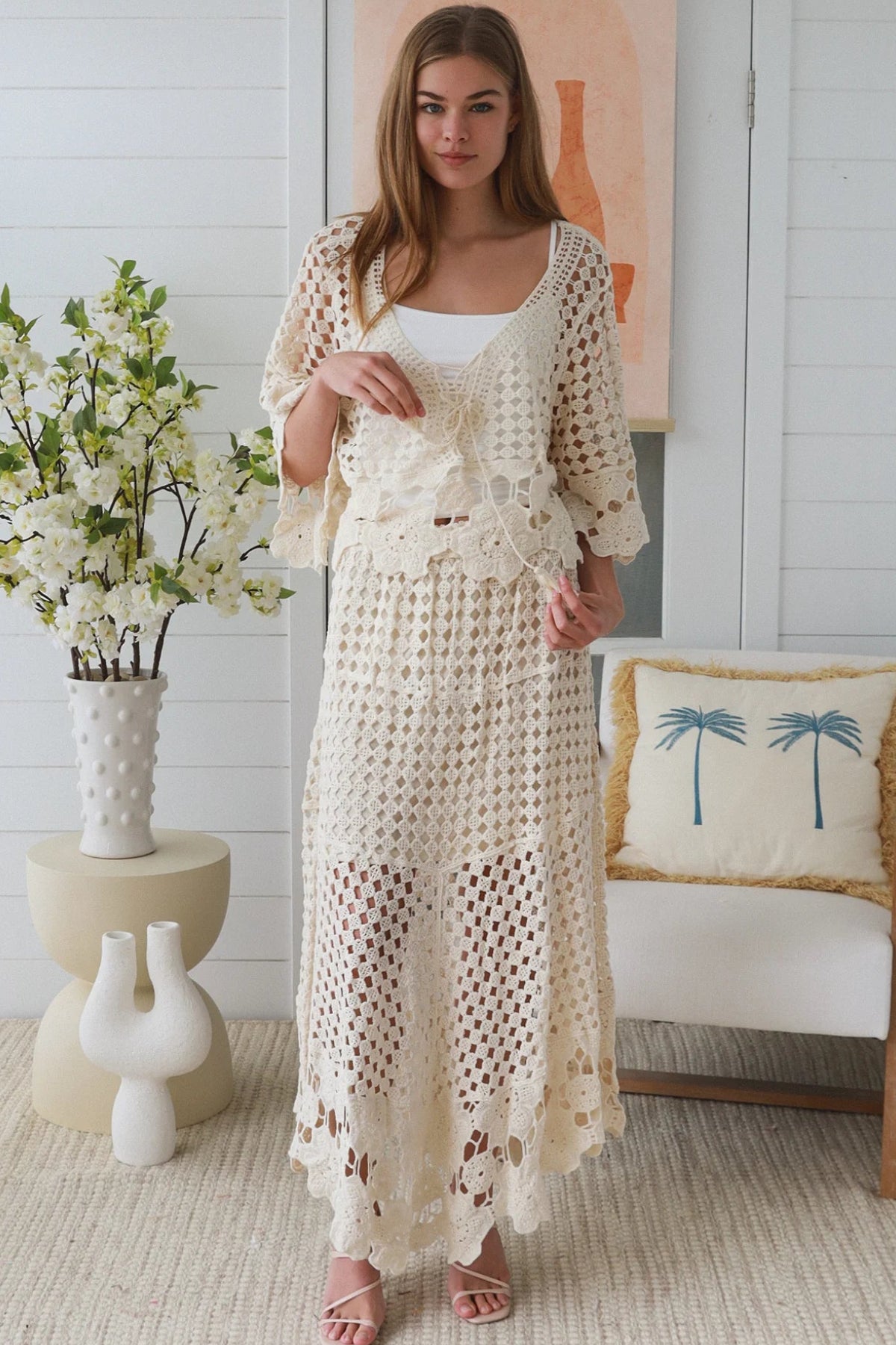 Ivory crochet embroidered boho set by Charlotte the Label with lined high low skirt and tassel tie top Australia