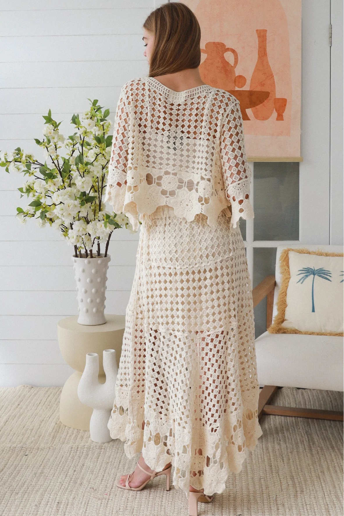 Ivory crochet embroidered boho set by Charlotte the Label with lined high low skirt and tassel tie top Australia