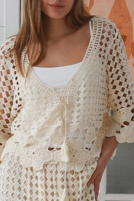 Ivory crochet embroidered boho set by Charlotte the Label with lined high low skirt and tassel tie top Australia