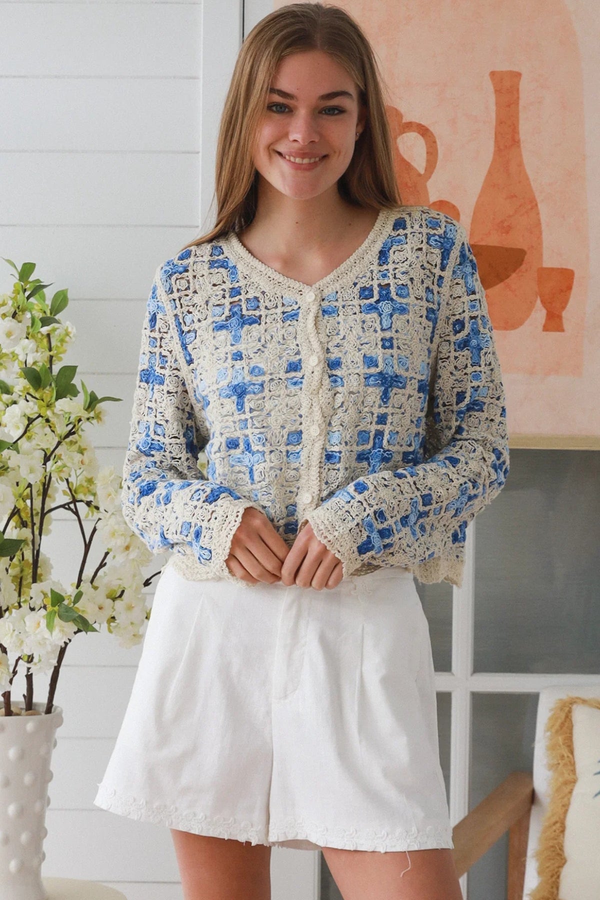 Blue embroidered cotton boho cardigan Australia open weave lightweight cardigan textured detail relaxed fit