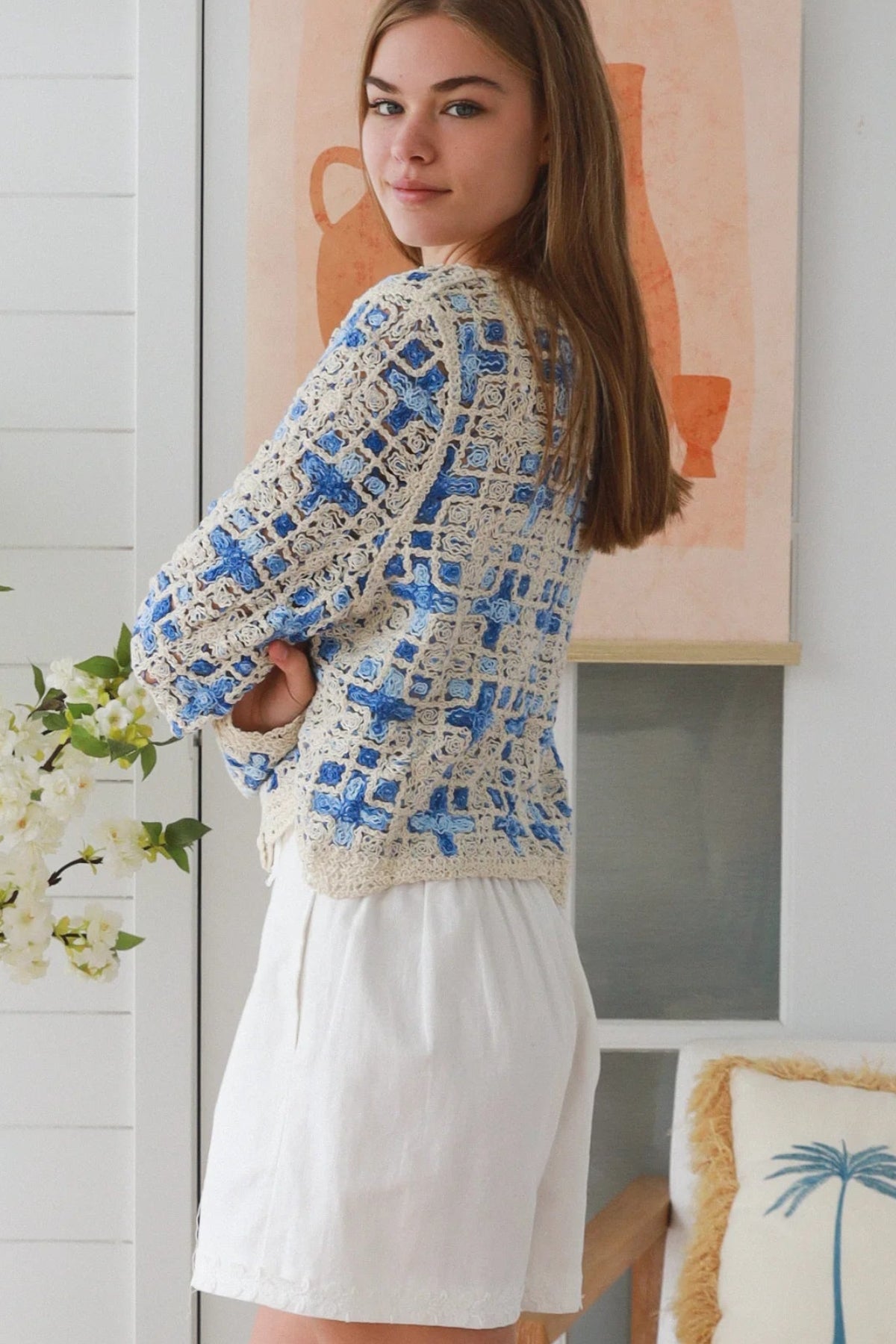 Blue embroidered cotton boho cardigan Australia open weave lightweight cardigan textured detail relaxed fit