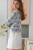 Blue embroidered cotton boho cardigan Australia open weave lightweight cardigan textured detail relaxed fit