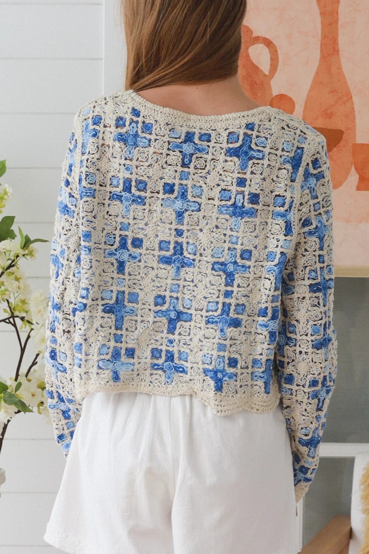 Blue embroidered cotton boho cardigan Australia open weave lightweight cardigan textured detail relaxed fit